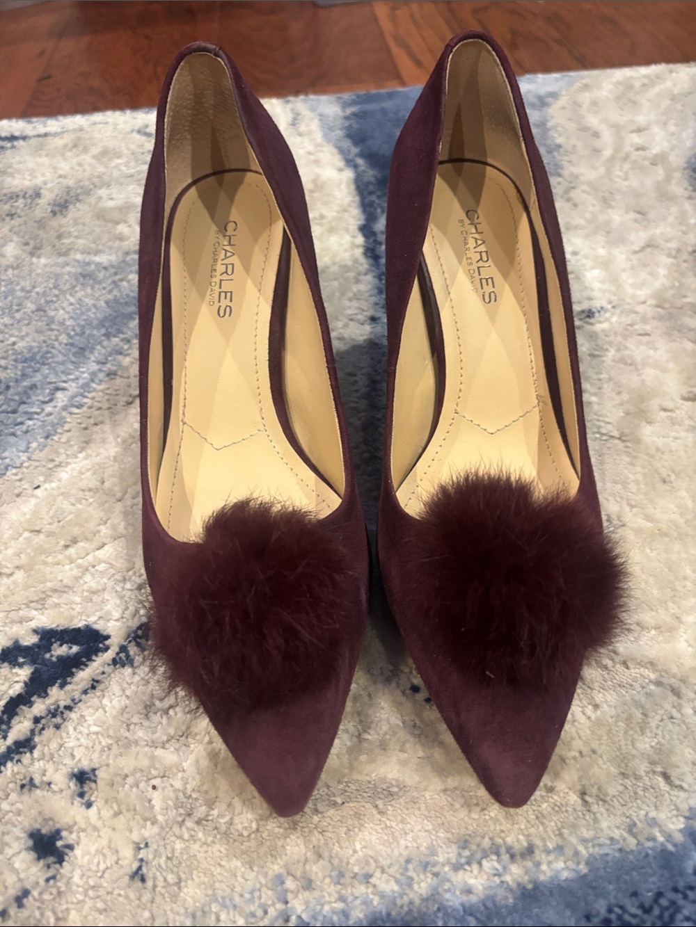Charles by Charles David Burgundy Suede Pom Pom Kitten Heel Pumps - Picture 2 of 5